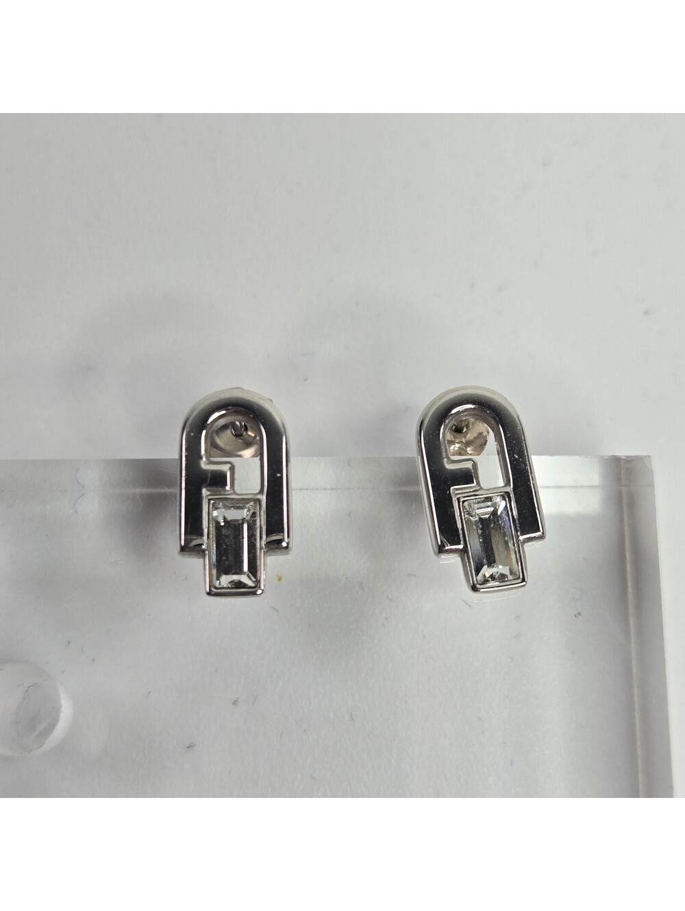 Furla Crystal Baguette Logo Stud Earrings Silver Tone Modern Designer Italy